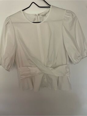 Veronica Beard Cream Twist-Waist Puff Sleeve Top